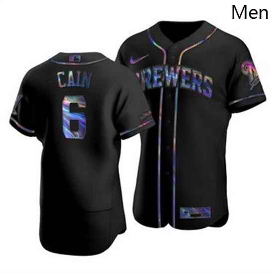 Men Milwaukee Brewers 6 Lorenzo Cain Men Nike Iridescent Holographic Collection MLB Jersey Black